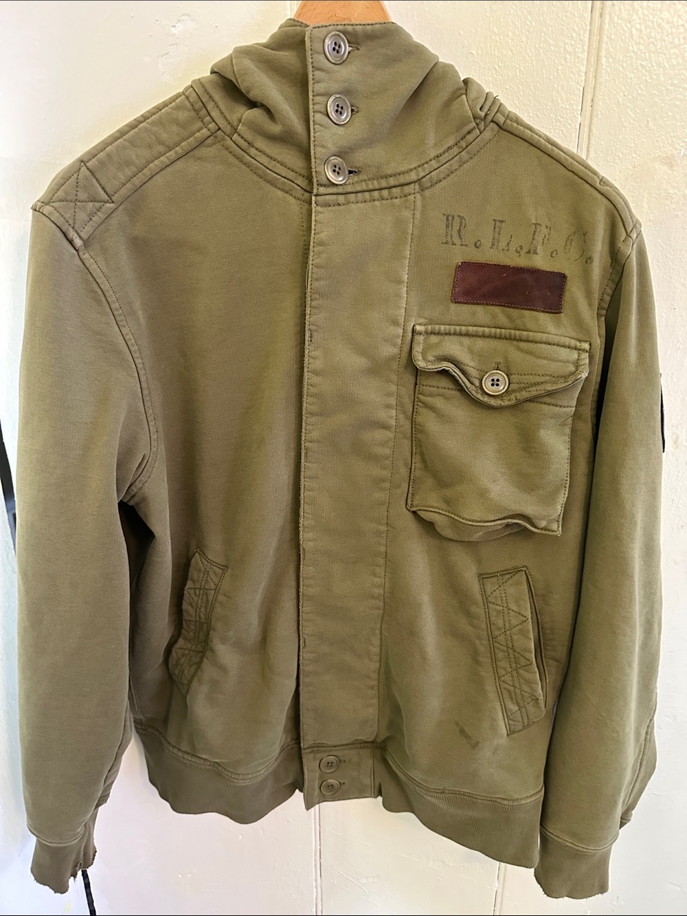 Military-Inspired Olive Field Jacket with Brown Patch Detail